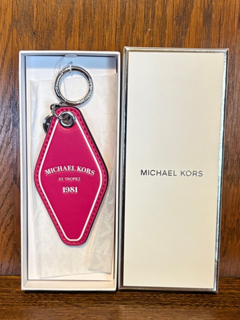NWT-Michael Kors-St. Tropez 1981-Hotel Key-Bag Charm/Keychain-Raspberry-$59.50